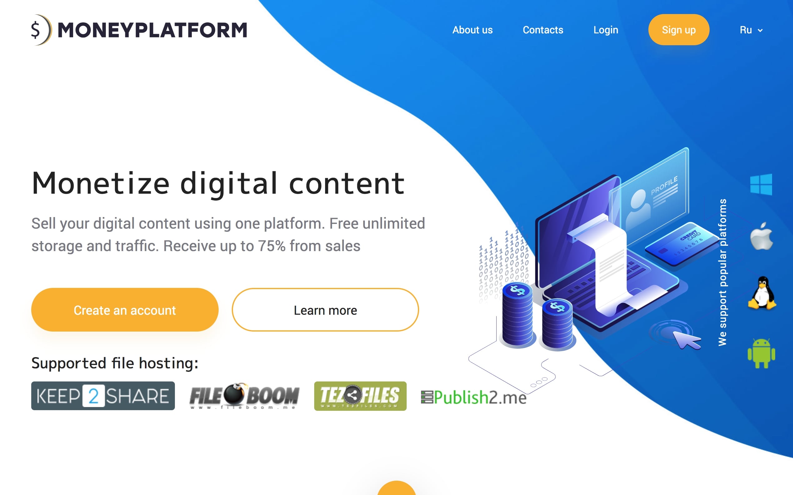Screenshot of MoneyPlatform homepage. Illustrates how you can monetize your digital content.